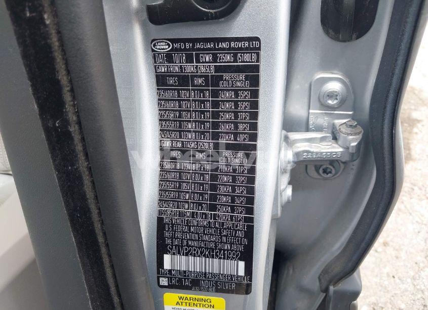 Photo 9 of 2019 Land Rover RANGE ROVER EVOQUE SE/SE PREMIUM (VIN SALVP2RX2KH341992)