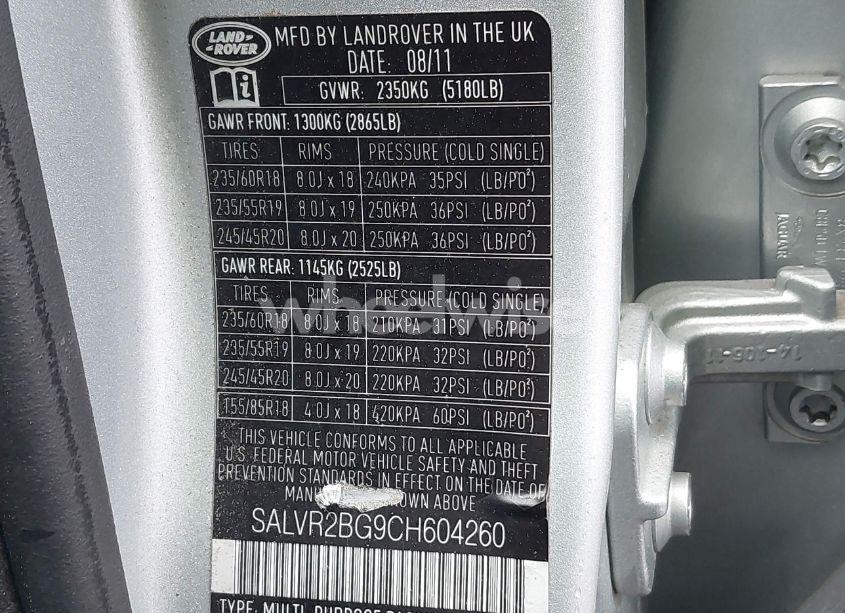 Photo 9 of 2012 Land Rover RANGE ROVER EVOQUE PURE PLUS (VIN SALVR2BG9CH604260)