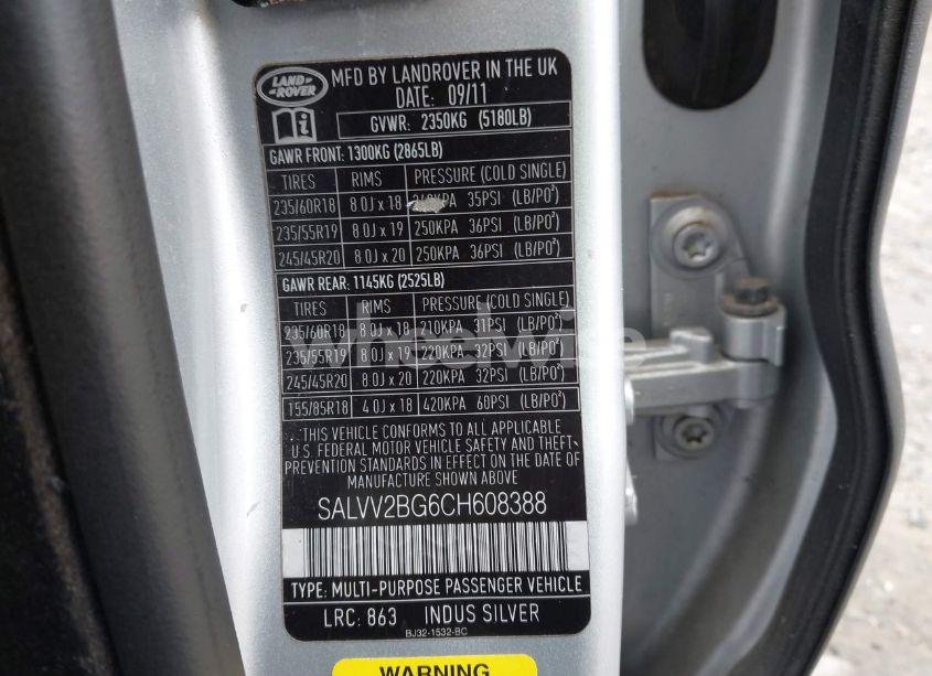 Photo 9 of 2012 Land Rover RANGE ROVER EVOQUE PURE PLUS (VIN SALVV2BG6CH608388)