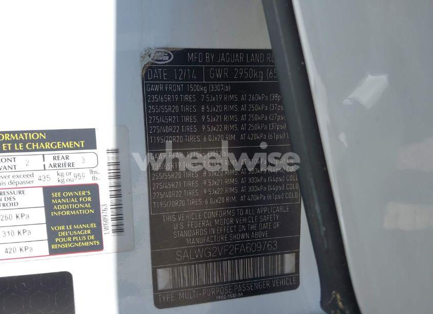 Photo 9 of 2015 Land Rover RANGE ROVER SPORT 3.0L V6 SUPERCHARGED HSE/3.0L V6 SUPERCHARGED SE (VIN SALWG2VF2FA609763)