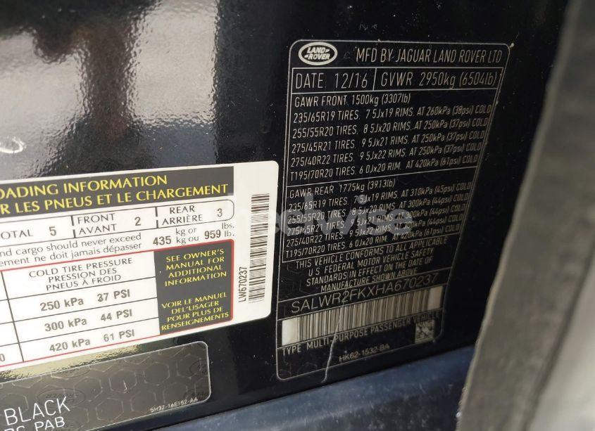 Photo 9 of 2017 Land Rover RANGE ROVER SPORT 3.0L V6 TURBOCHARGED DIESEL HSE TD6 (VIN SALWR2FKXHA670237)