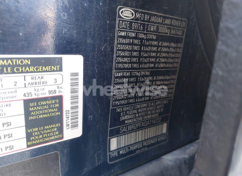 Photo 9 of 2016 Land Rover RANGE ROVER SPORT 3.0L V6 SUPERCHARGED HSE (VIN SALWR2PFXGA114722)