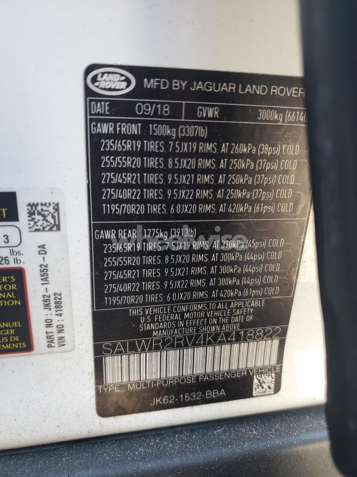 Photo 12 of 2019 LAND ROVER RANGE ROVER SPORT HSE (VIN SALWR2RV4KA418822)