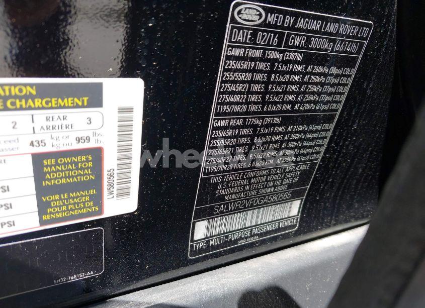 Photo 9 of 2016 Land Rover RANGE ROVER SPORT 3.0L V6 SUPERCHARGED HSE (VIN SALWR2VF0GA580565)