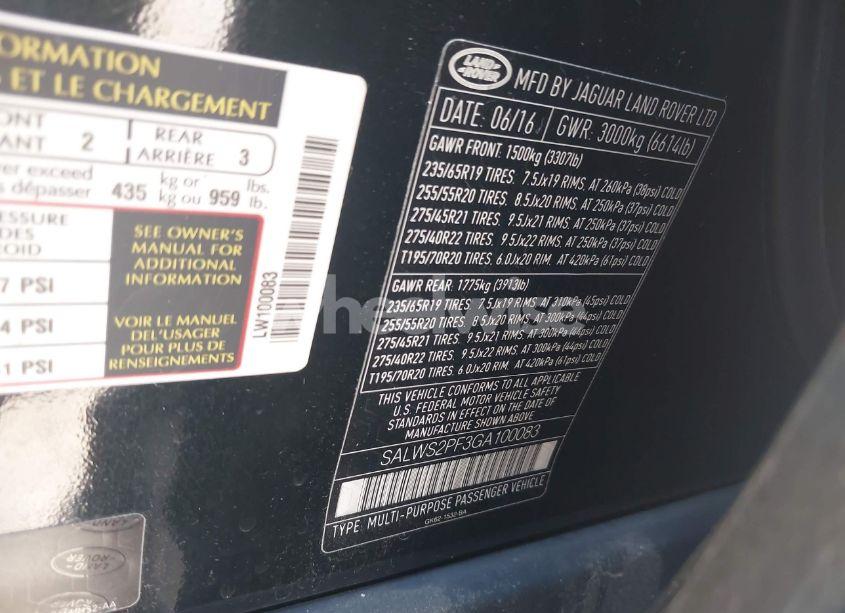 Photo 9 of 2016 Land Rover RANGE ROVER SPORT 3.0L V6 SUPERCHARGED HSE (VIN SALWS2PF3GA100083)