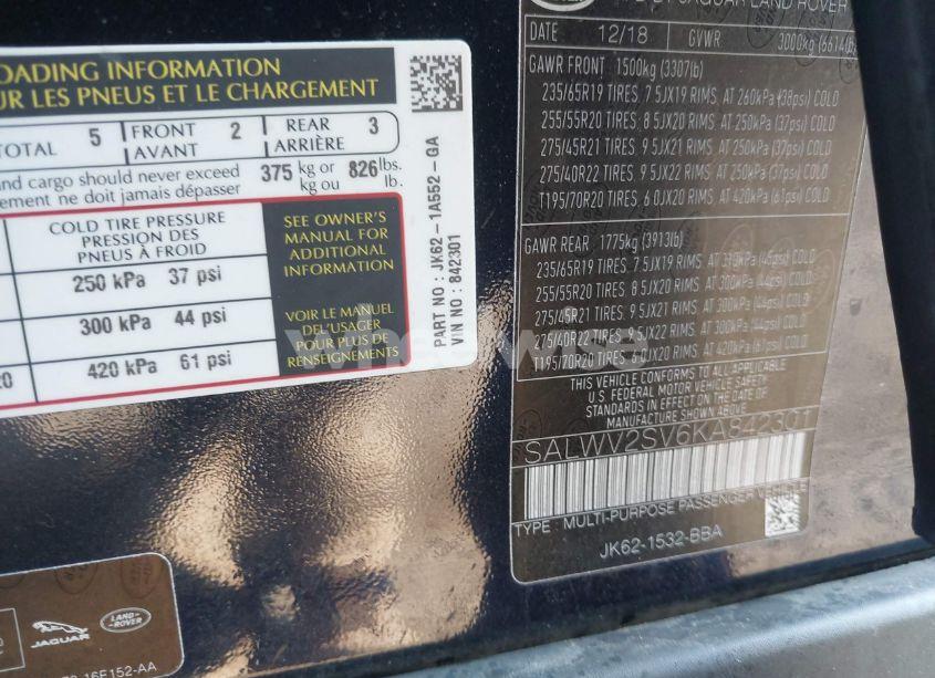 Photo 9 of 2019 Land Rover RANGE ROVER SPORT HSE DYNAMIC (VIN SALWV2SV6KA842301)