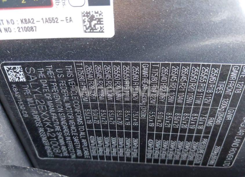 Photo 9 of 2019 Land Rover RANGE ROVER VELAR P250 R-DYNAMIC SE (VIN SALYL2EXXKA210087)