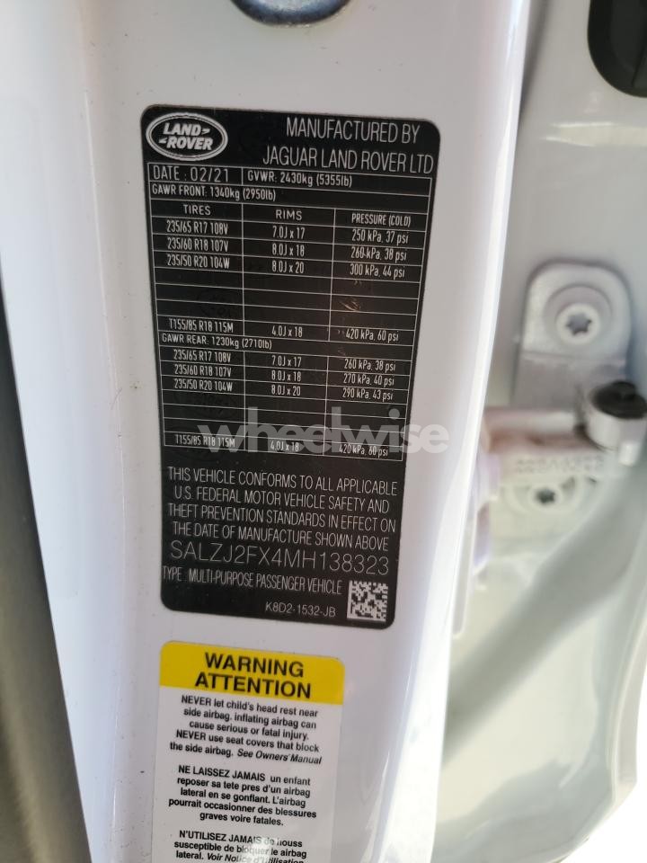 Photo 13 of 2021 LAND ROVER RANGE ROVER EVOQUE S (VIN SALZJ2FX4MH138323)