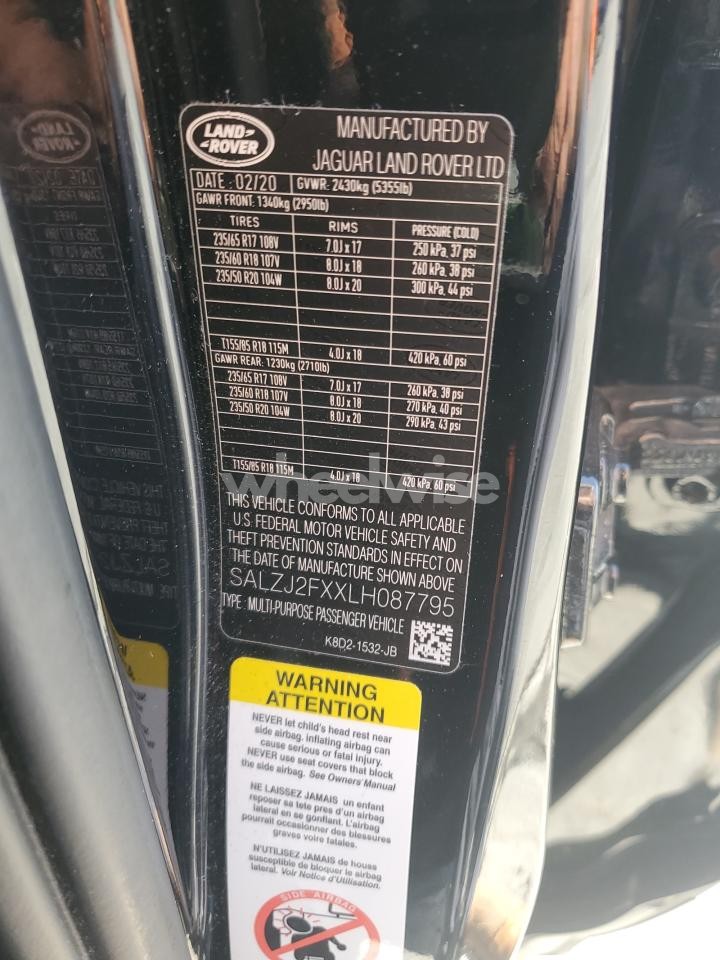 Photo 13 of 2020 LAND ROVER RANGE ROVER EVOQUE S (VIN SALZJ2FXXLH087795)