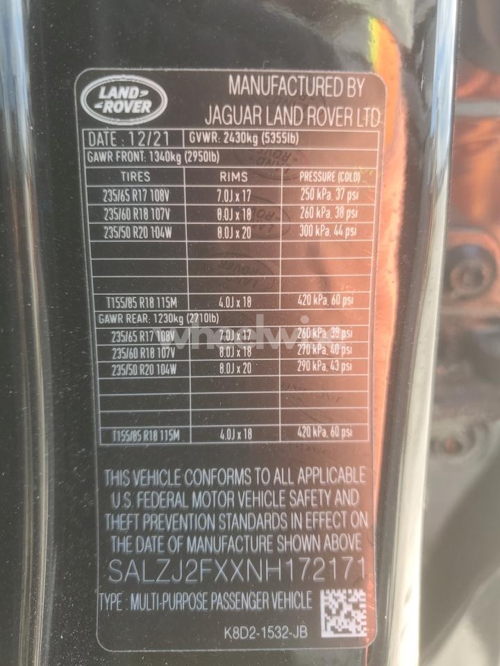 Photo 12 of 2022 LAND ROVER RANGE ROVER EVOQUE S (VIN SALZJ2FXXNH172171)