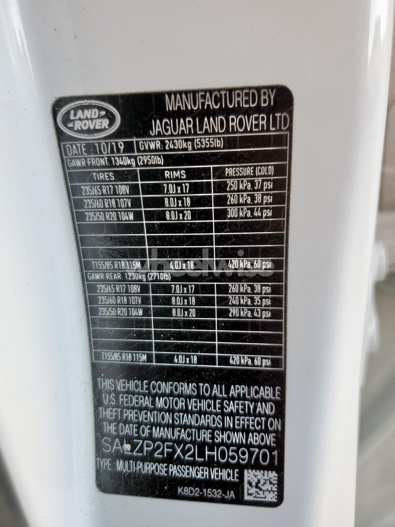 Photo 6 of 2020 LAND ROVER RANGE ROVER EVOQUE SE (VIN SALZP2FX2LH059701)