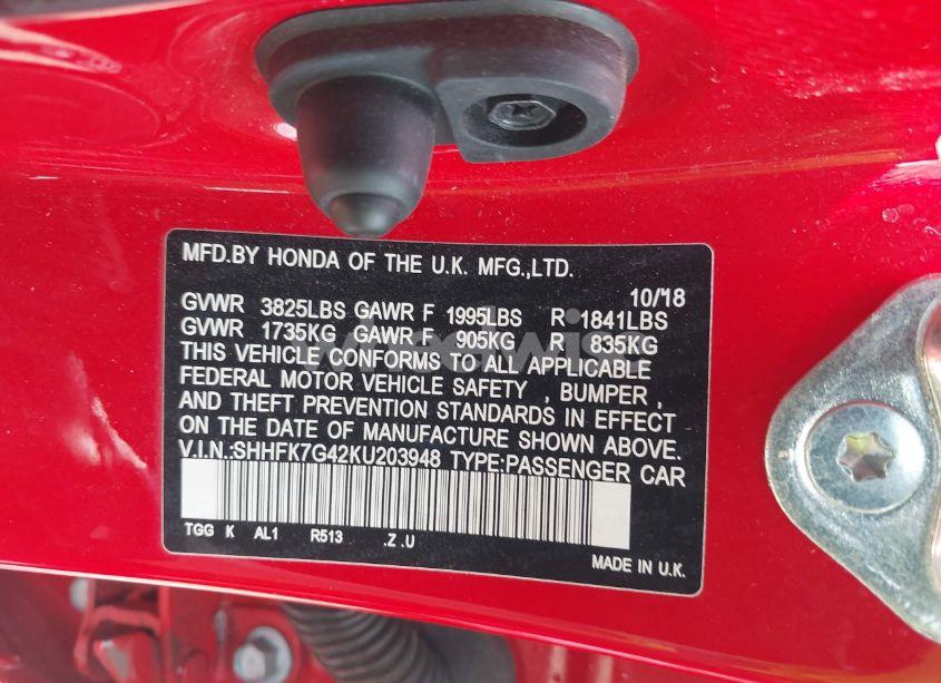 Photo 9 of 2019 Honda Civic SPORT (VIN SHHFK7G42KU203948)