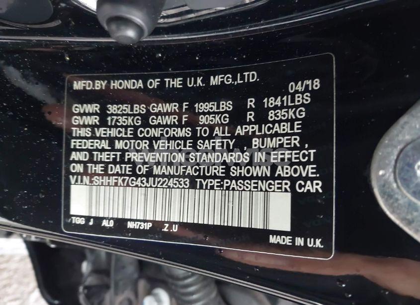 Photo 9 of 2018 Honda Civic SPORT (VIN SHHFK7G43JU224533)