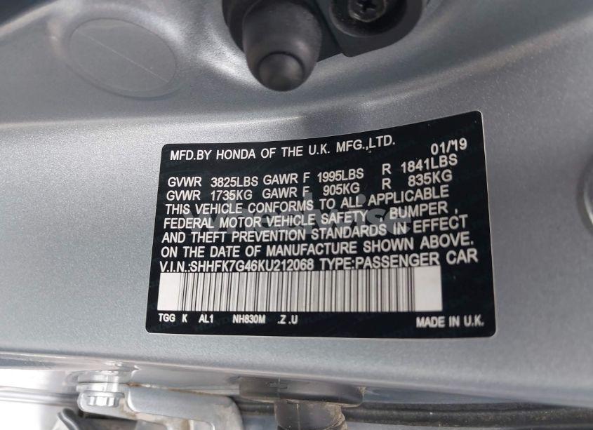 Photo 9 of 2019 Honda Civic SPORT (VIN SHHFK7G46KU212068)