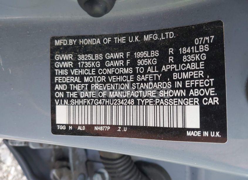 Photo 9 of 2017 Honda Civic SPORT (VIN SHHFK7G47HU234248)
