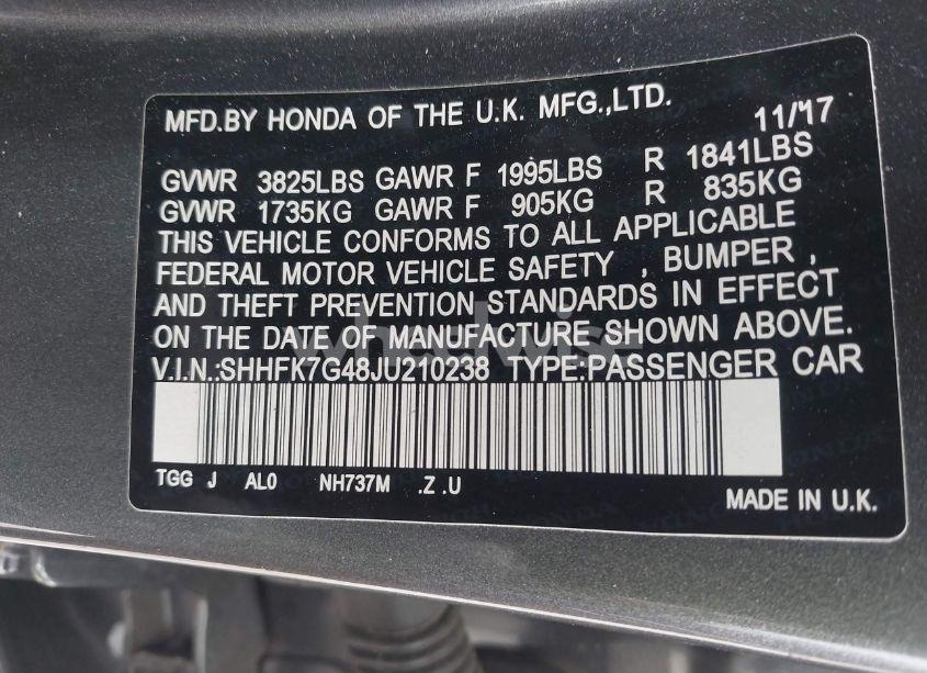 Photo 9 of 2018 Honda Civic SPORT (VIN SHHFK7G48JU210238)