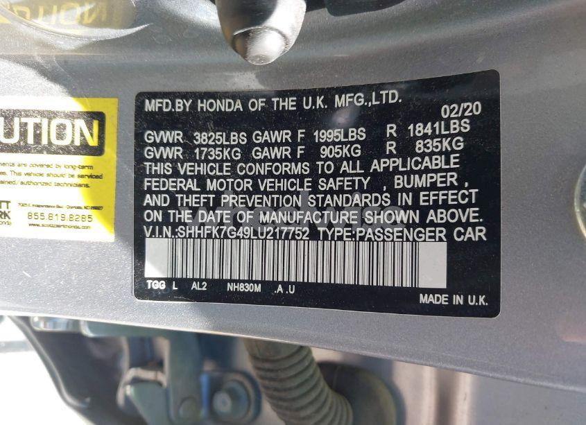 Photo 9 of 2020 Honda Civic SPORT (VIN SHHFK7G49LU217752)