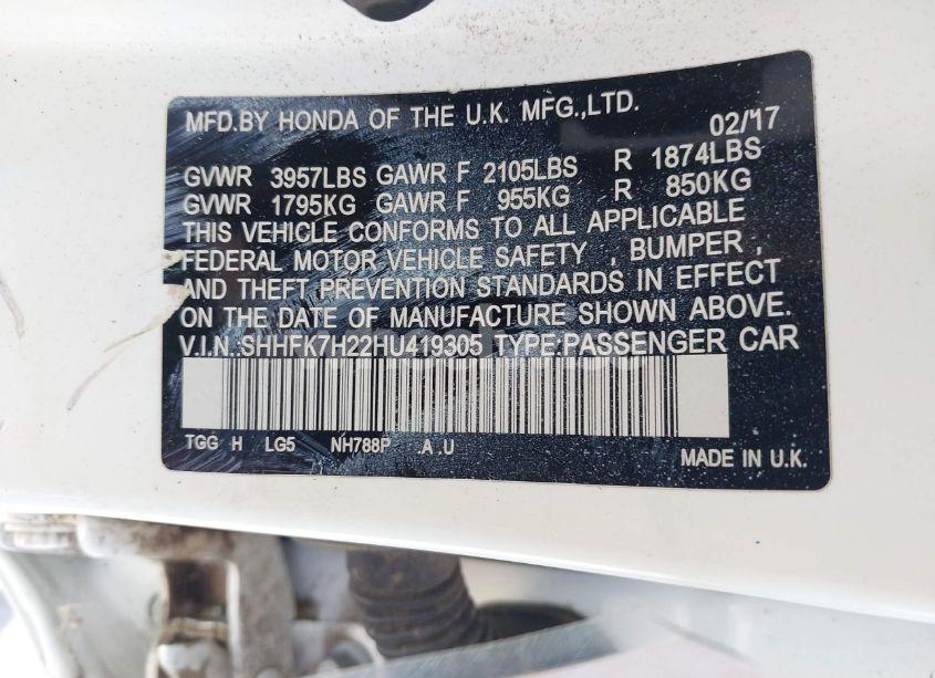 Photo 9 of 2017 Honda Civic LX (VIN SHHFK7H22HU419305)