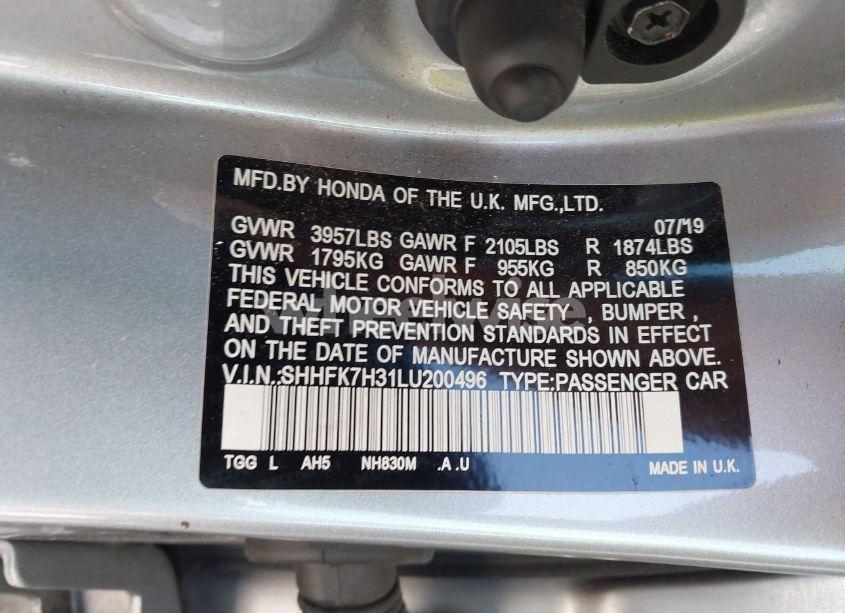 Photo 9 of 2020 Honda Civic LX (VIN SHHFK7H31LU200496)