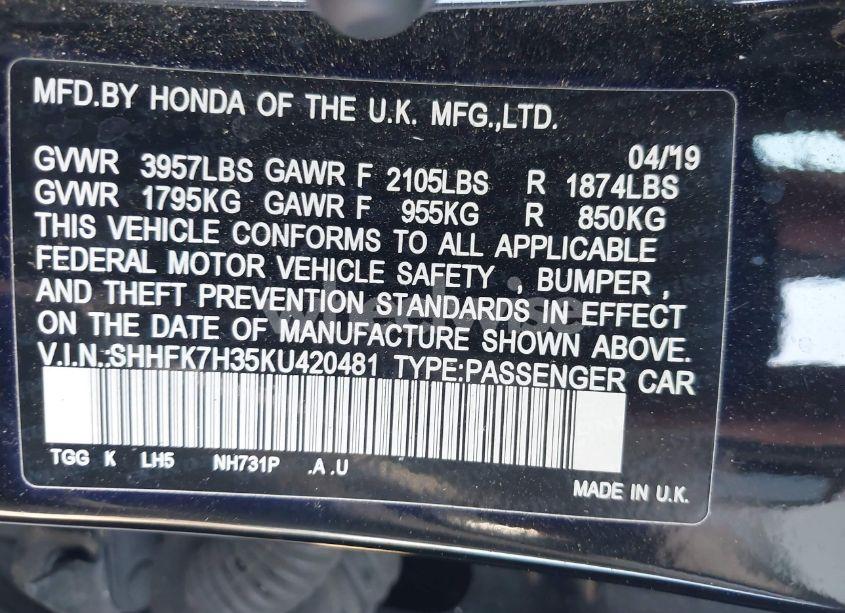 Photo 9 of 2019 Honda Civic LX (VIN SHHFK7H35KU420481)