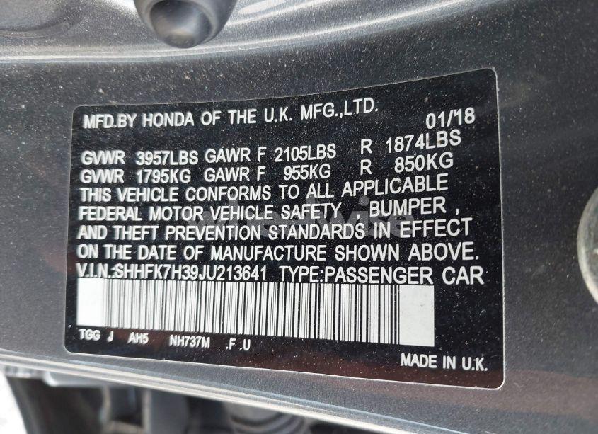 Photo 9 of 2018 Honda Civic LX (VIN SHHFK7H39JU213641)