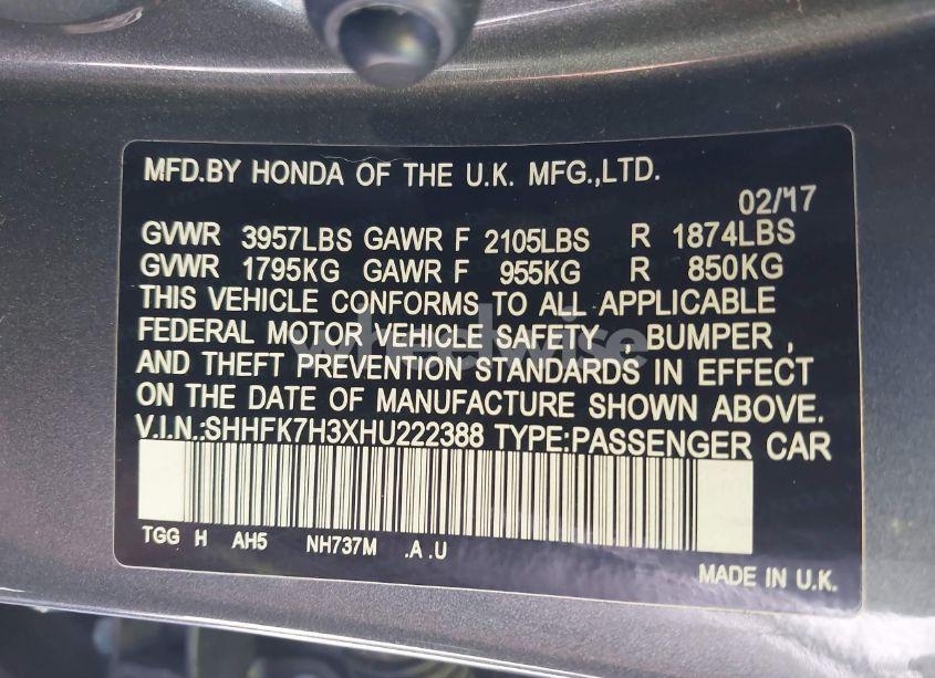 Photo 9 of 2017 Honda Civic LX (VIN SHHFK7H3XHU222388)