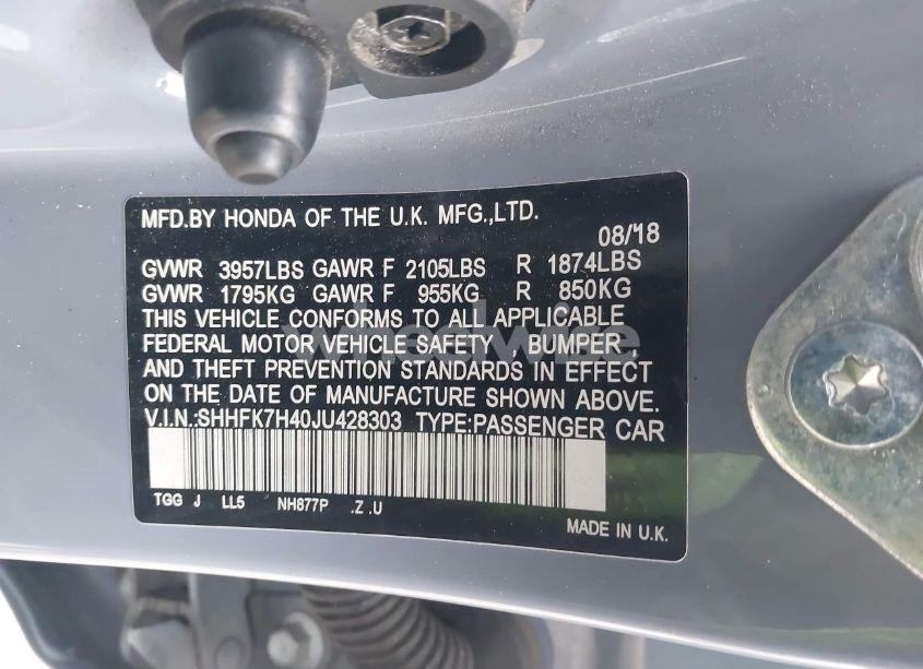 Photo 9 of 2018 Honda Civic SPORT (VIN SHHFK7H40JU428303)