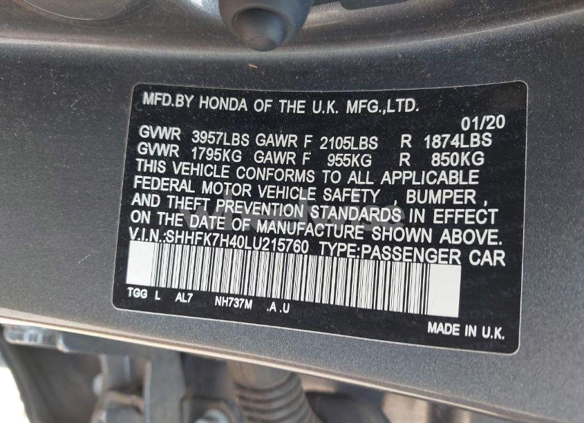 Photo 9 of 2020 Honda Civic SPORT (VIN SHHFK7H40LU215760)