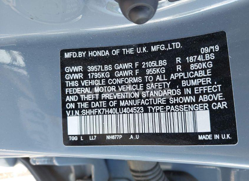 Photo 9 of 2020 Honda Civic SPORT (VIN SHHFK7H40LU404523)