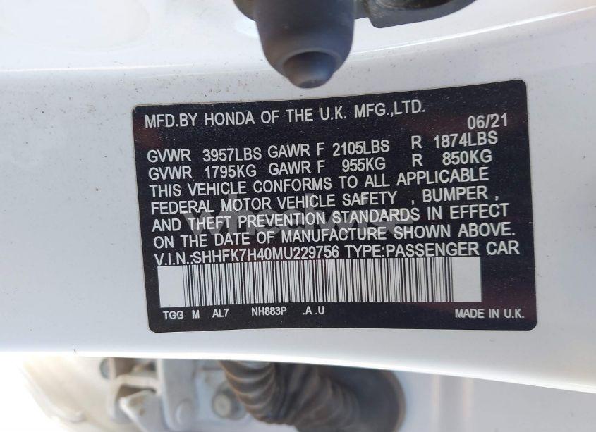 Photo 9 of 2021 Honda Civic SPORT (VIN SHHFK7H40MU229756)