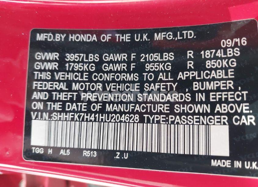 Photo 9 of 2017 Honda Civic SPORT (VIN SHHFK7H41HU204628)