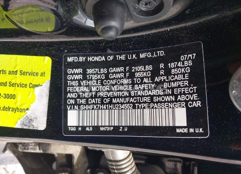 Photo 9 of 2017 Honda Civic SPORT (VIN SHHFK7H41HU234552)