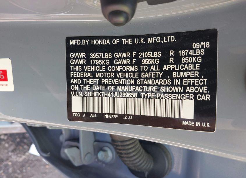 Photo 9 of 2018 Honda Civic SPORT (VIN SHHFK7H41JU239658)