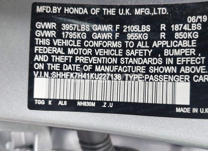 Photo 9 of 2019 Honda Civic SPORT (VIN SHHFK7H41KU227138)