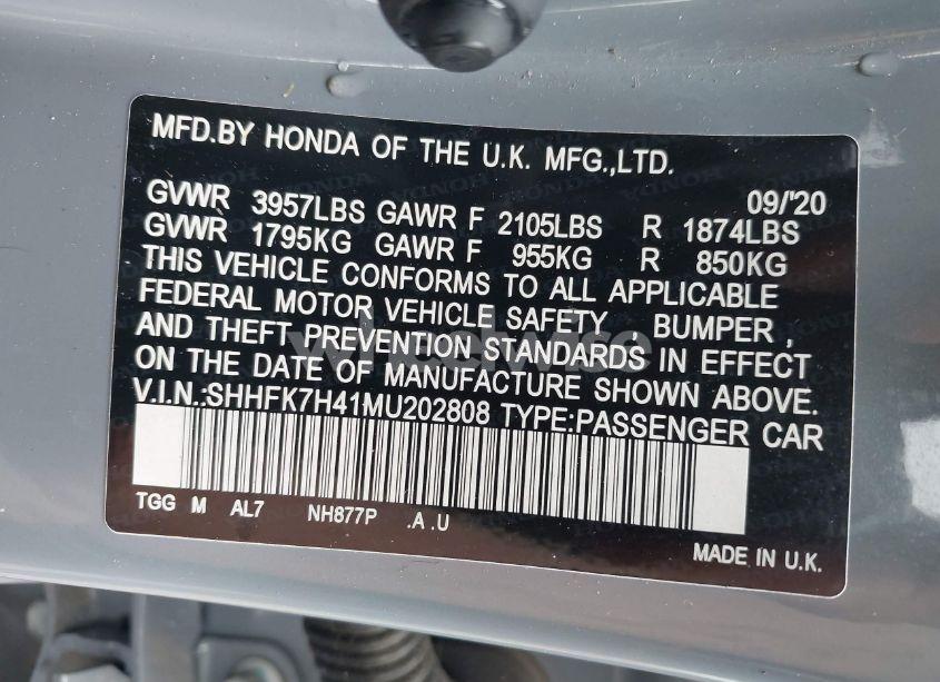 Photo 9 of 2021 Honda Civic SPORT (VIN SHHFK7H41MU202808)