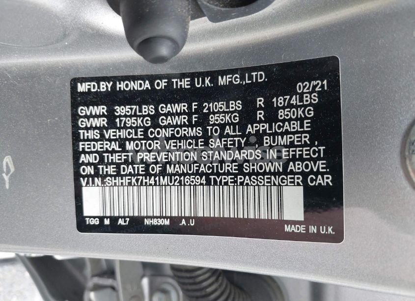 Photo 9 of 2021 Honda Civic SPORT (VIN SHHFK7H41MU216594)