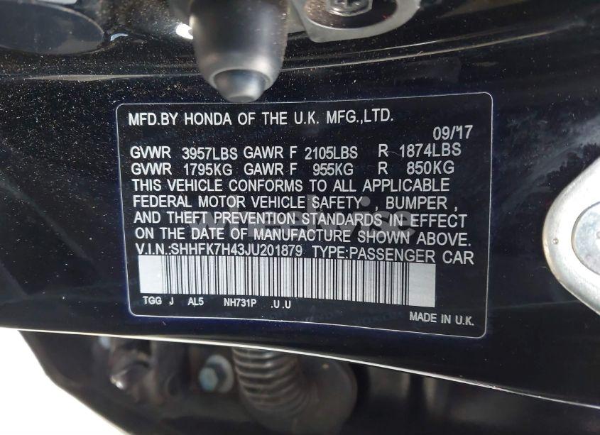 Photo 9 of 2018 Honda Civic SPORT (VIN SHHFK7H43JU201879)