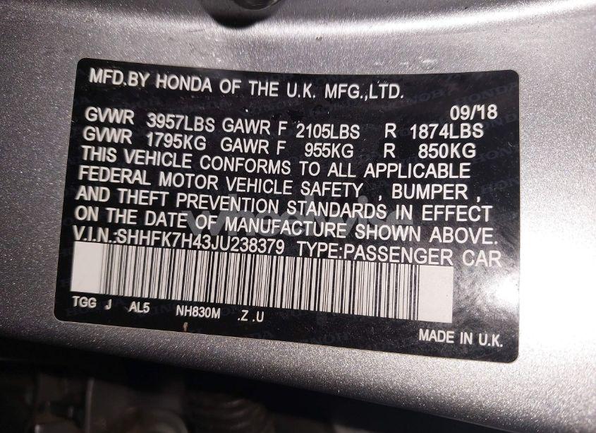 Photo 9 of 2018 Honda Civic SPORT (VIN SHHFK7H43JU238379)