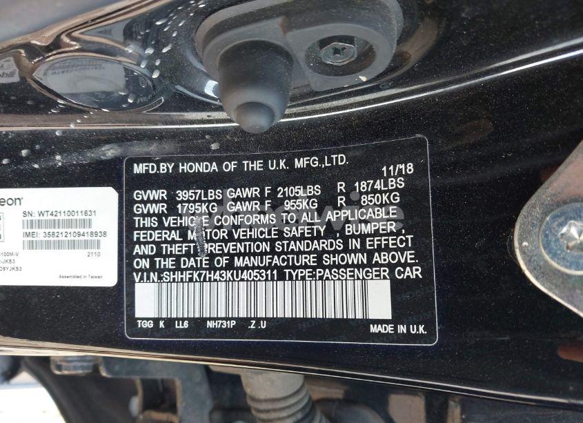 Photo 9 of 2019 Honda Civic SPORT (VIN SHHFK7H43KU405311)