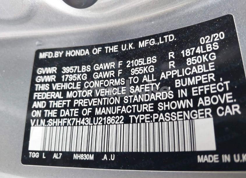 Photo 9 of 2020 Honda Civic SPORT (VIN SHHFK7H43LU218622)