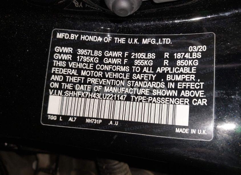 Photo 9 of 2020 Honda Civic SPORT (VIN SHHFK7H43LU221147)