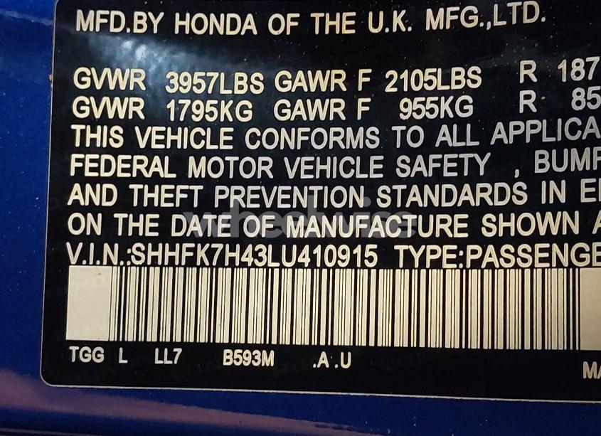 Photo 9 of 2020 Honda Civic SPORT (VIN SHHFK7H43LU410915)