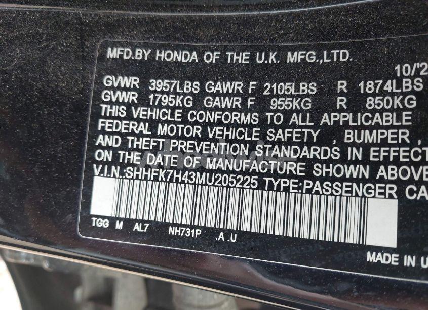 Photo 9 of 2021 Honda Civic SPORT (VIN SHHFK7H43MU205225)