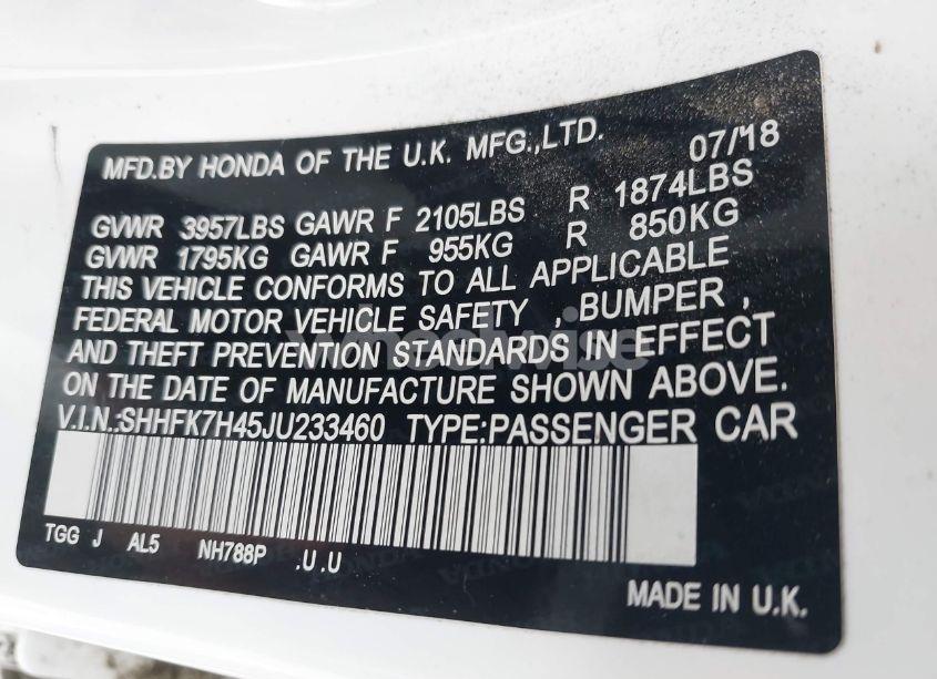 Photo 9 of 2018 Honda Civic SPORT (VIN SHHFK7H45JU233460)