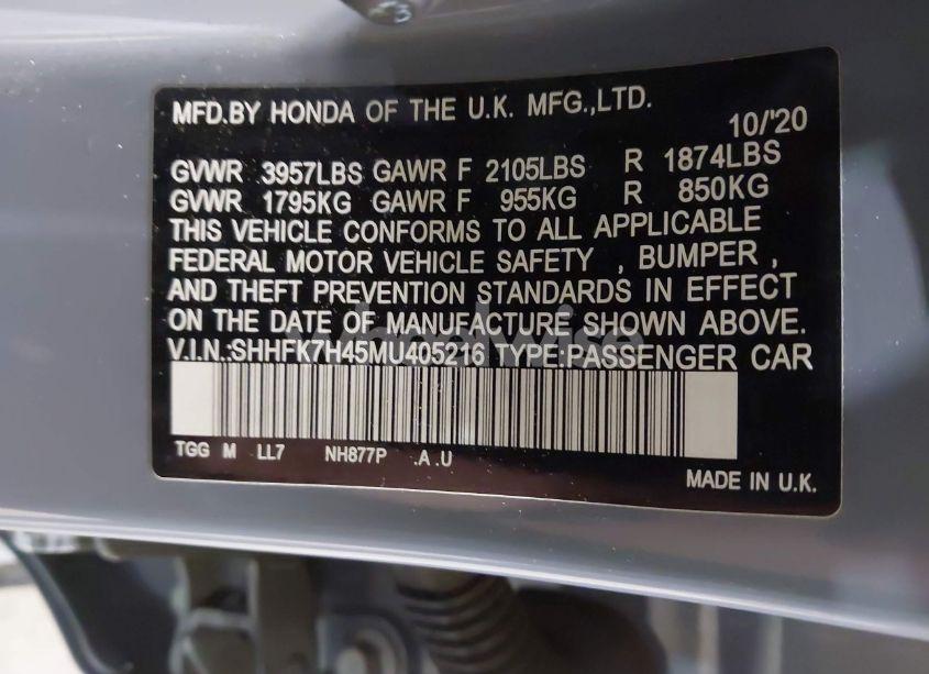 Photo 9 of 2021 Honda Civic SPORT (VIN SHHFK7H45MU405216)