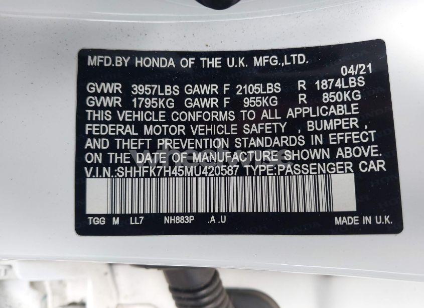 Photo 9 of 2021 Honda Civic SPORT (VIN SHHFK7H45MU420587)