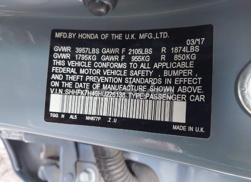 Photo 9 of 2017 Honda Civic SPORT (VIN SHHFK7H46HU226138)