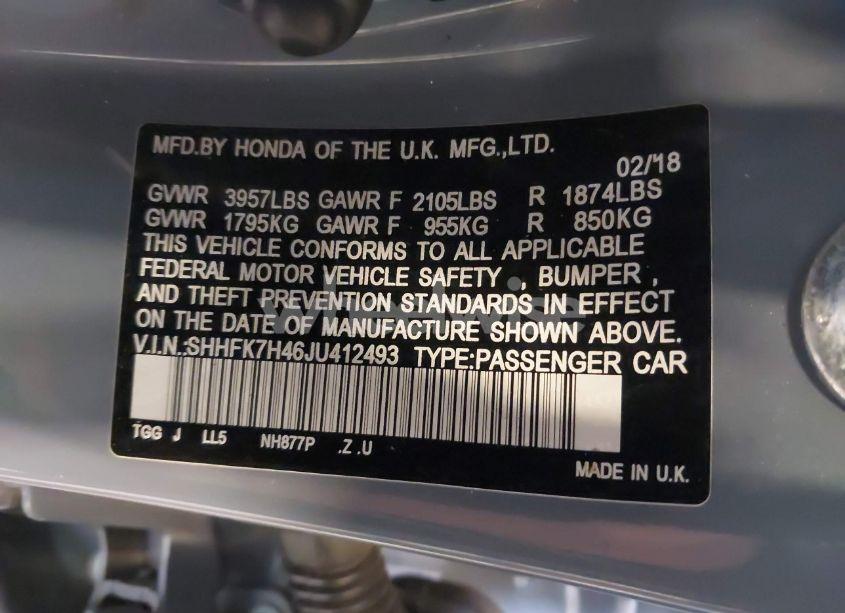 Photo 9 of 2018 Honda Civic SPORT (VIN SHHFK7H46JU412493)