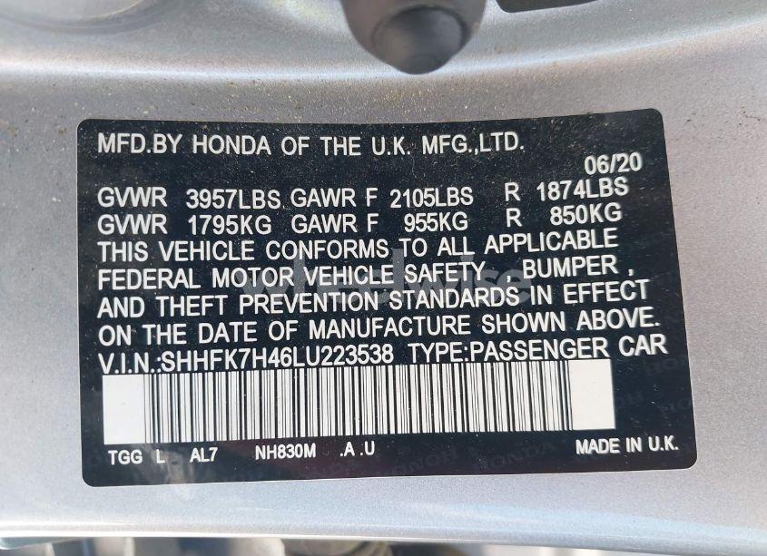 Photo 9 of 2020 Honda Civic SPORT (VIN SHHFK7H46LU223538)