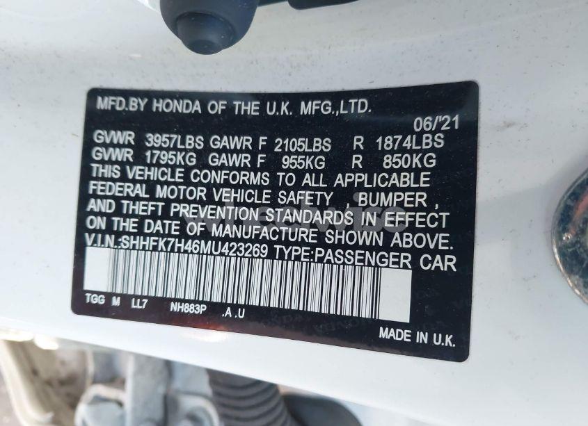 Photo 9 of 2021 Honda Civic SPORT (VIN SHHFK7H46MU423269)